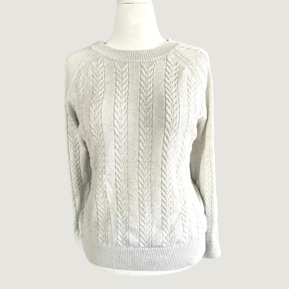 Athleta Crossroads Silver Crewneck Cable Wool Blend Sweater Light Gray Size L